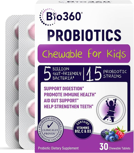 Probiotics for Kids - 15 Strains & 5 Billion CFU Supports Brain, Immune & Digestive Health - Kids Probiotic Chewable with Organic Prebiotics for Gut & Constipation, Mixed Berry Flavor, 30 Count