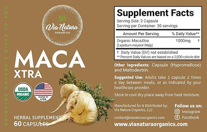 Maca Xtra Capsules 1000mg | Organic Herbal Supplement | Natural Source of Amino Acids Iron & Magnesium | 60 Capsules