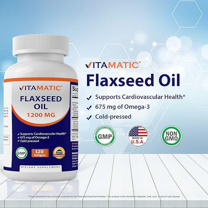 Vitamatic Flaxseed Oil 1200 mg – 120 Softgels Cold-Pressed Flaxseed Oil with 675 mg ALA Omega-3 – Supports Heart Health & Overall Wellness