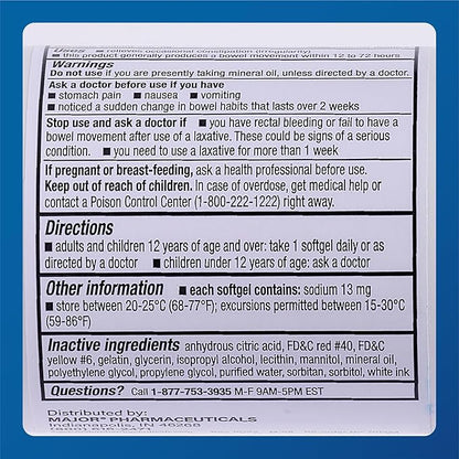 MAJOR Docusate Sodium 250 mg - Extra Strength Stool Softener Laxative Softgels for Constipation Relief - Gentle Stool Softeners for Women, Men, and Kids Ages 12+ - 100 Softgels (4 Pack)