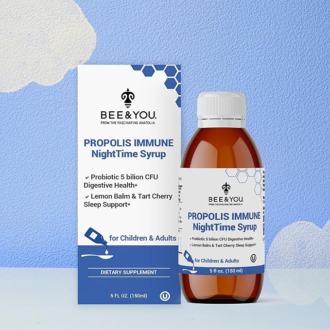 Bee and You Propolis Nighttime Syrup with Probiotic, Vitamin C, and Elderberry - Gentle Formula for Adults & Kids, 5 Fl Oz