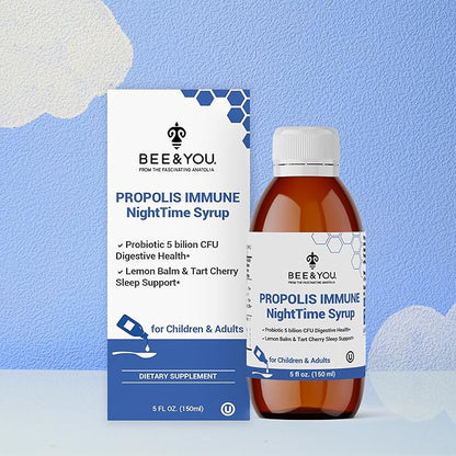 Bee and You Propolis Nighttime Syrup with Probiotic, Vitamin C, and Elderberry - Gentle Formula for Adults & Kids, 5 Fl Oz