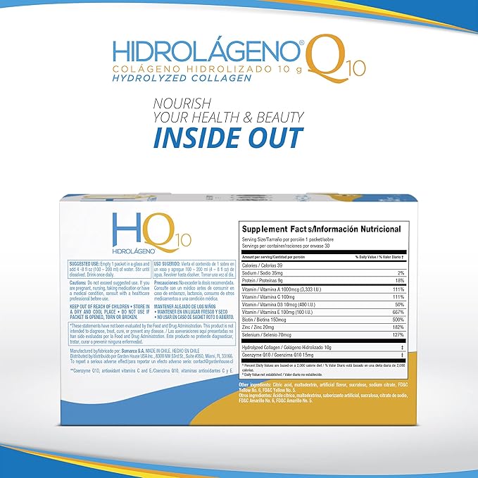 Hidrolageno Q10, Hydrolyzed Collagen, Vitamins, ZINC, Antioxidants, 30 sachets per pack, 4.2 Ounce, Pack of 1