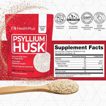 Health Plus, Psyllium Husk, 12 oz, 48 Servings - Natural Detox, Daily Dietary Fiber Supplement, Constipation Relief, Gentle Gut Cleanse, Keto Baking