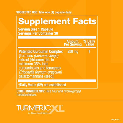 TurmericXL Natural Joint Support Supplement 250mg Turmeric Extract Delivers 45x More Curcumin - High Absorption, Gluten-Free – 30 Veggie Capsules