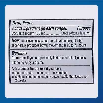Major Docusate Sodium 100 mg - Stool Softener Laxative Softgels for Occasional Constipation Relief - Stool Softeners for Women, Men, and Kids - Stimulant-Free - 100 Softgels (8 Pack)