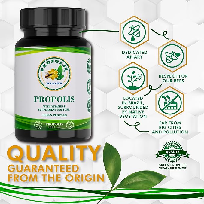 Propolis Health Propolis Capsules 1000mg-Daily with Vitamin E Per 2 Capsules - Brazilian Green Propolis Extract - Immune Booster 50 Days Supply Propolis Capsules (100 Capsules)