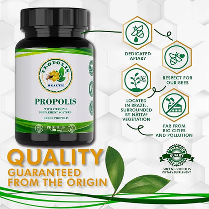 Propolis Health Propolis Capsules 1000mg-Daily with Vitamin E Per 2 Capsules - Brazilian Green Propolis Extract - Immune Booster 50 Days Supply Propolis Capsules (100 Capsules)