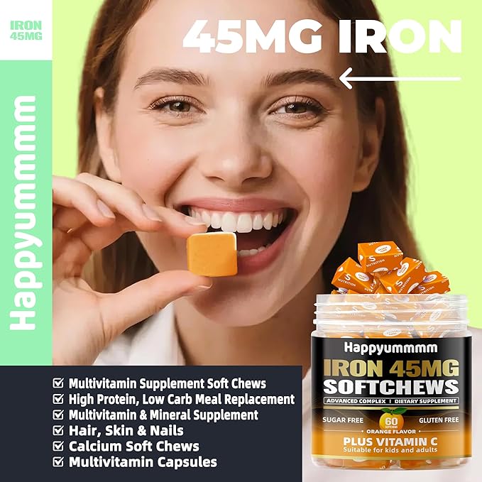 Iron Soft Chews Supplement with Vitamin C | Orange Flavored | Gluten Free | Iron Supplement for Women Men and Kids | 60 Count | 2 Month Supply