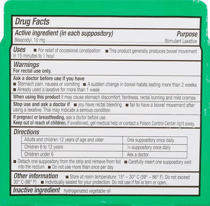 Rite Aid Fast Relief Laxative Suppositories, Bisacodyl USP, 10mg - 16 Count | Stimulant Laxative | Constipation Relief | Works in 15 Minutes to 1 Hour | Relief of Constipation | Laxative Suppository