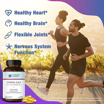 Vitamin World Triple Omega 3-6-9 3000mg with Fish, Flax, Borage & Evening Primrose Oils, Omega-3 Fatty Acids with EPA & DHA, Supports Heart, Brain & Immune Health, Gluten Free, 120 Softgels