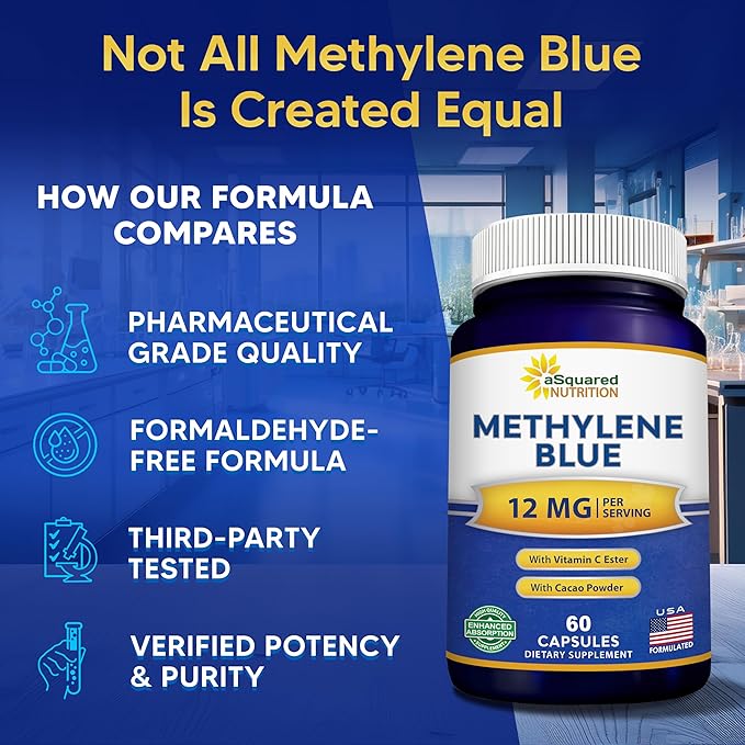 aSquared Nutrition Methylene Blue Capsules - Pharmaceutical Grade Supplement for Humans - 12mg USP Grade - w/Vitamin C & Cacao Powder - Brain, Focus, Energy - Alternative to Drops & Tablets