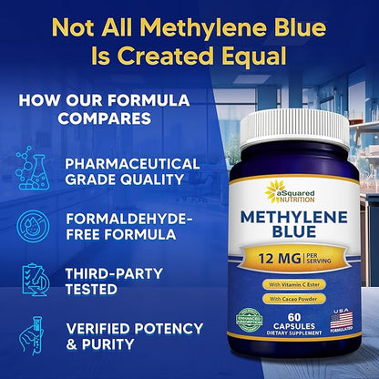 aSquared Nutrition Methylene Blue Capsules - Pharmaceutical Grade Supplement for Humans - 12mg USP Grade - w/Vitamin C & Cacao Powder - Brain, Focus, Energy - Alternative to Drops & Tablets