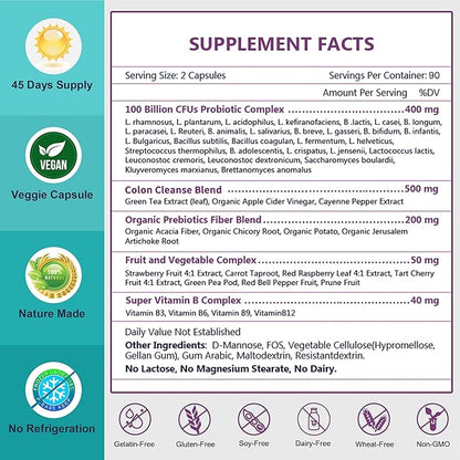 NATURE TARGET Probiotics for Women-Men Digestive Health, Mens-Womens Probiotic with Prebiotics, 100 Billion CFUs for Gut and Immune Health, 180 Veggie Capsules (90 Days Supply)