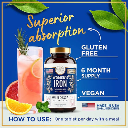 Iron and Folic Acid Supplements for Women - 35mg Gentle Iron Vitamin, Folic Acid 400mcg - Anemia, Period, Pregnancy Support Supplement, Ferrous Sulfate Pills - 180 Vegan Non-Constipating Tablets