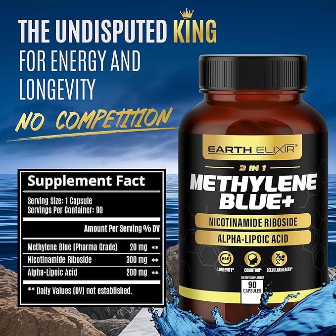 3-in-1 Methylene Blue Capsules – Methylene Blue Pharmaceutical Grade w/Alpha Lipoic Acid (ALA) & Nicotinamide Riboside – NAD Supplement for Energy, Cognitive & Cellular Support – 3 Month Supply