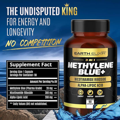 3-in-1 Methylene Blue Capsules – Methylene Blue Pharmaceutical Grade w/Alpha Lipoic Acid (ALA) & Nicotinamide Riboside – NAD Supplement for Energy, Cognitive & Cellular Support – 3 Month Supply