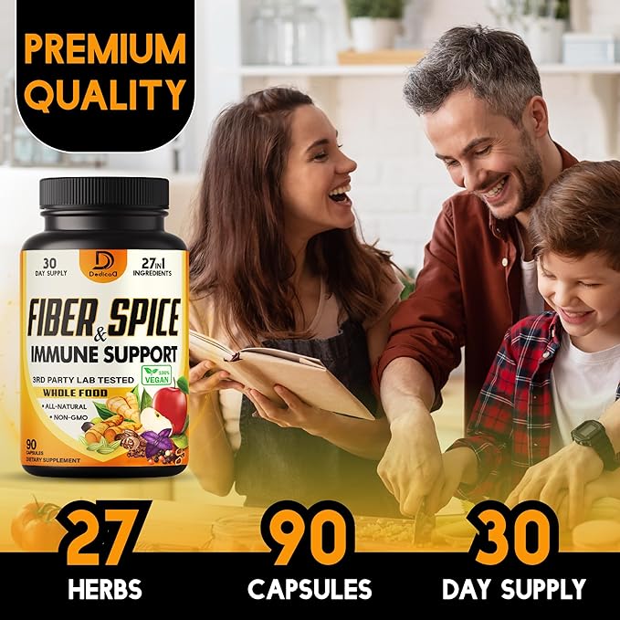 27in1 Fiber and Spice Supplement - Combined with Organic Psyllium, Whole Apple, Elderberry & More - Support Mood, Body & Immunity - 90 Capsules for 1 Month