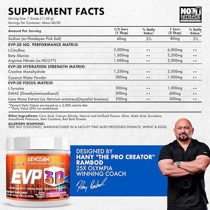 Evogen EVP 3D - Stim Free Pre Workout Powder for Men & Women | Sugar Free Non Stim Preworkout with Beta Alanine and Creatine for Energy & Pump | Orange | 40 Servings