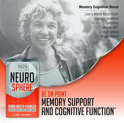 NDS Nutrition Neuro Sphere - Brain Health Formula - Nootropic, Increase Focus and Energy, Enhance Concentration, Antioxidant and Immunity Support - 90 Capsules