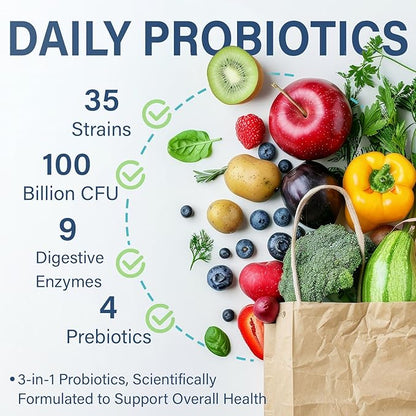 Raw Probiotics for Women & Men - 100 Billion CFU, 35 Strains, Organic Prebiotics & Natural Digestive Enzymes for Digestive, Gut & Immune Health - Soy and Gluten Free, Non-GMO, 120 Vegan Capsules