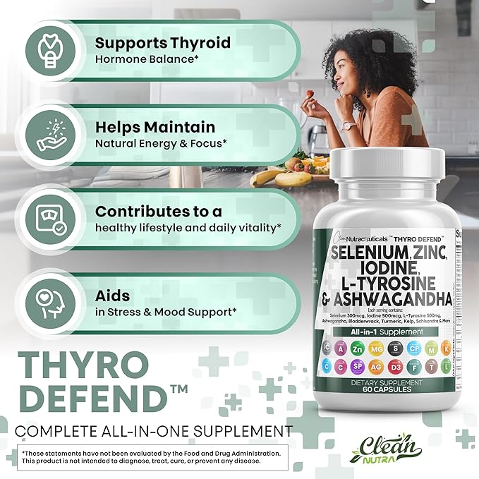 Clean Nutra Selenium 300mcg Iodine 500mcg Thyroid Support for Women & Men | L Tyrosine 500mg Ashwagandha Supplement Bladderwrack, Turmeric, Kelp, Schisandra Zinc Pills Capsule Supplements