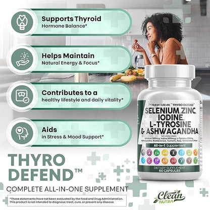 Clean Nutra Selenium 300mcg Iodine 500mcg Thyroid Support for Women & Men | L Tyrosine 500mg Ashwagandha Supplement Bladderwrack, Turmeric, Kelp, Schisandra Zinc Pills Capsule Supplements