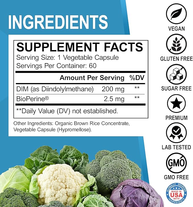 DIM Supplement for Women & Men 200mg - Androgen Estrogen Blocker for Men & Women, Hormonal Acne Pills, Hormone Balance, Menopause Support, Diindolylmethane DIM Supplement Plus BioPerine - 60 Capsules