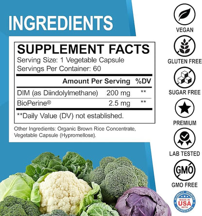 DIM Supplement for Women & Men 200mg - Androgen Estrogen Blocker for Men & Women, Hormonal Acne Pills, Hormone Balance, Menopause Support, Diindolylmethane DIM Supplement Plus BioPerine - 60 Capsules
