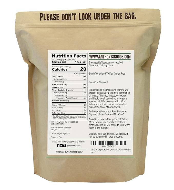 Anthony's Organic Yellow Maca Root Powder, 1 lb, Raw, Gluten Free, Non GMO, Non Gelatinized