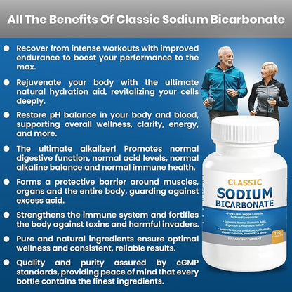 Classic Sodium Bicarbonate 650mg Natural Organic Use Sodium Bicarbonate Powder Pills Sodium Bicarbonate Tablets (caps) Stomach Acid Alkalinity 120caps