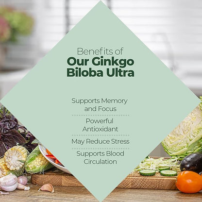 Ginkgo Biloba and Ginseng Brain Dietary Supplement Supports Brain Function, Memory, Mental Alertness, All Natural, Improve Blood Circulation