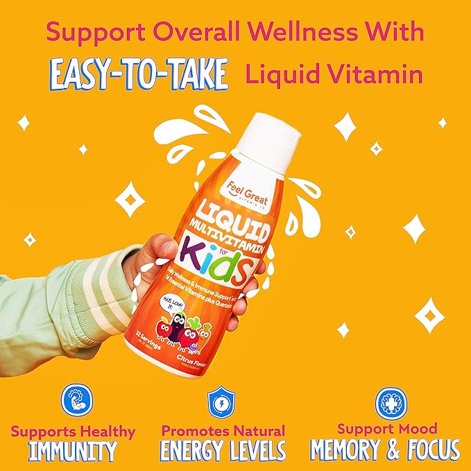 Feel Great Sugar Free Kids Multivitamin – Liquid Multivitamin | Essential Vitamins for Immune Support | Orange Flavored, Vegetarian Formula | 30 Day Supply