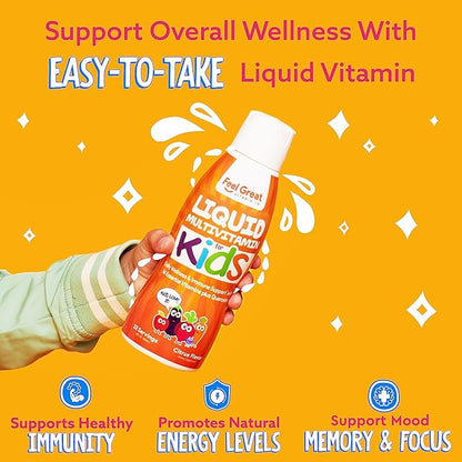 Feel Great Sugar Free Kids Multivitamin – Liquid Multivitamin | Essential Vitamins for Immune Support | Orange Flavored, Vegetarian Formula | 30 Day Supply