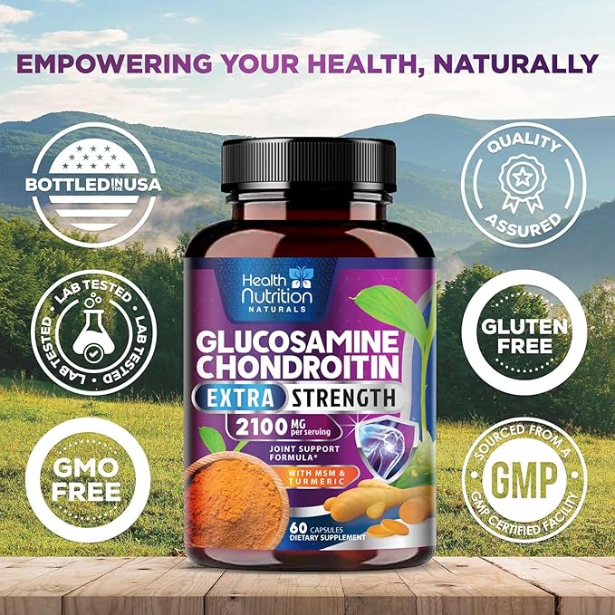 Glucosamine Chondroitin MSM Complex - 2100mg Joint Support Supplement with Turmeric & Boswellia - Quercetin for Joints, Bones, Knees & Mobility - Triple Strength Glucosamine Sulfate - 60 Capsules