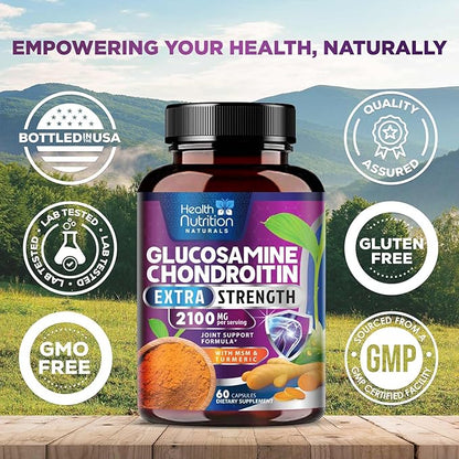 Glucosamine Chondroitin MSM Complex - 2100mg Joint Support Supplement with Turmeric & Boswellia - Quercetin for Joints, Bones, Knees & Mobility - Triple Strength Glucosamine Sulfate - 60 Capsules