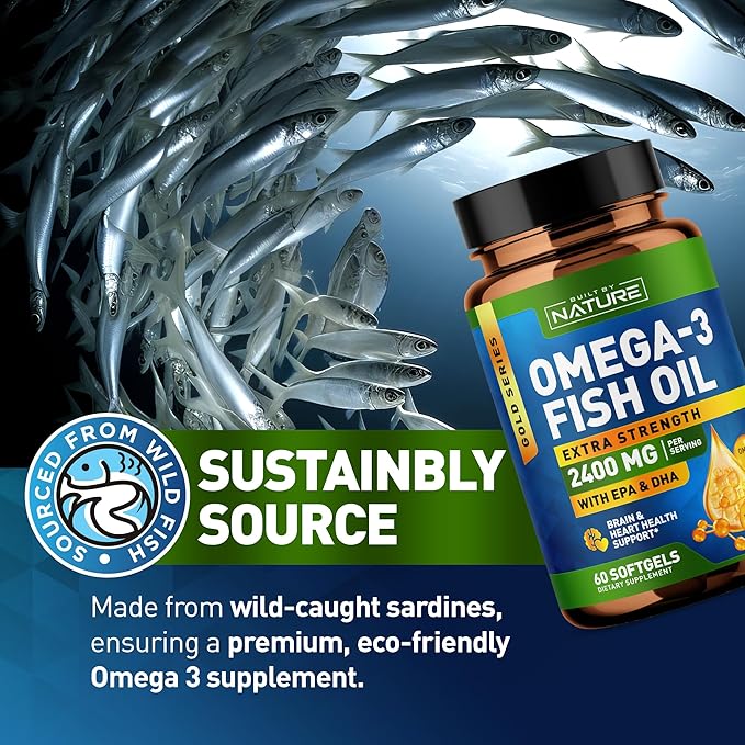 Built by Nature Omega 3 Fish Oil Soft Gels - 2400 mg Fish Oil, 1440 mg Omega 3, 864 mg EPA, 576 mg DHA - Extra Strength Brain & Heart Health Support Supplement - 60 Softgels