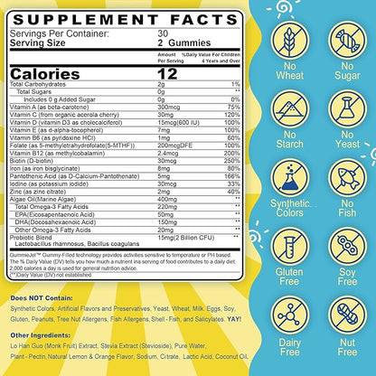 Sugar Free Kids Multivitamin Gummies (Made in USA) with Iron, Probiotics, Vegan Omega 3 (EPA/DHA), Kids Daily Vitamins A, C, D, B Complex, for Healthy Growth, Boost Immunity, Orange Flavor, 60 Count