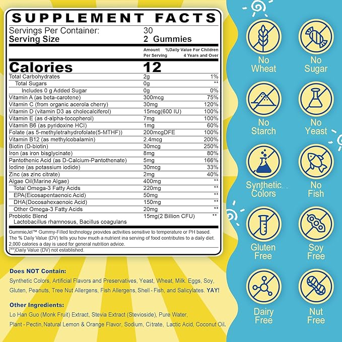 Sugar Free Kids Multivitamin Gummies (Made in USA) with Iron, Probiotics, Vegan Omega 3 (EPA/DHA), Kids Daily Vitamins A, C, D, B Complex, for Healthy Growth, Boost Immunity, Orange Flavor, 120 Count