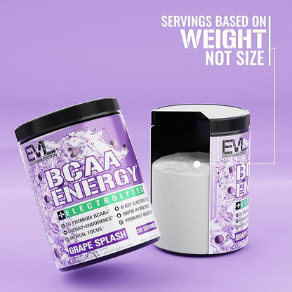 EVL BCAAs Amino Acids Powder - BCAA Energy Pre Workout Powder for Muscle Recovery Lean Growth and Endurance - Rehydrating Post Workout Recovery Drink with 6 Key Electrolytes - Grape Splash