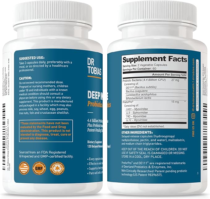 Dr. Tobias Deep Immune Probiotics & Prebiotics, Dual Action Digestion & Immune Support with PreforPro Prebiotics & Delayed Release Spore Forming Probiotics for Women & Men, 120 Capsules, 60 Servings