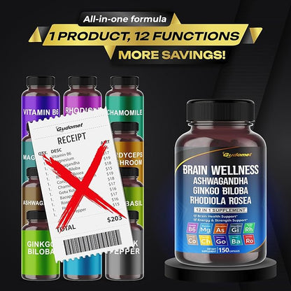 Brain Wellness Ginkgo Biloba Rhodiola Cordyceps Chamomile Ashwagandha Gotu Kola Bacopa Rosemary Holy Basil Black Pepper -150 Capsules- Made in USA