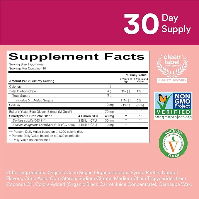 SmartyPants Kids Probiotic & Prebiotic Gummies for Digestive Health: 4 Billion CFU Gut Health Supplement, Clinically Studied Prebiotic for Immune Support, Strawberry, 60 Count (30 Day Supply)