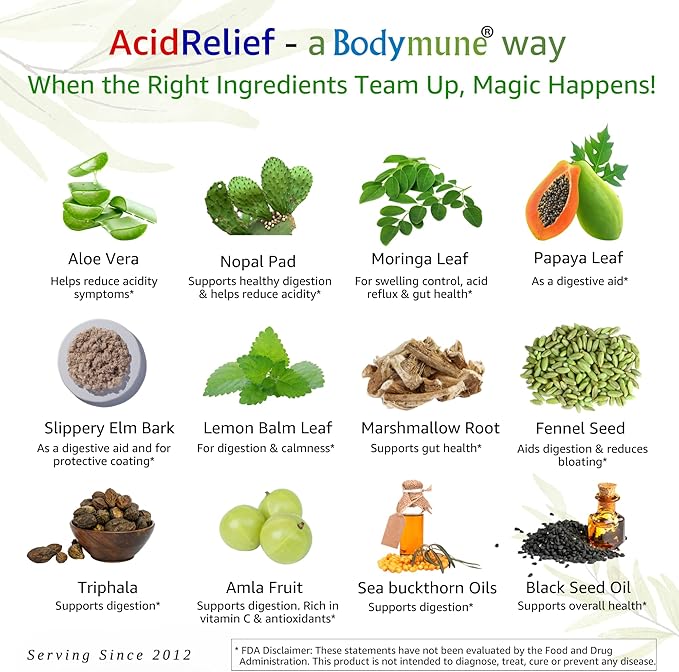 AcidRelief Acid Reducer Acid Indigestion Relief Supplement for Occasional Acid Reflux & Antacid, USA-Made USDA Organic Superfood, All-Natural Unique Blend Non-GMO Gluten-Free Vegan - 60 Caps