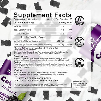 [2 in 1] CoQ10 200mg & Vitamin C 250mg Gummies – Supports Heart Health, Immune System & Cellular Energy – Vegan, Non-GMO, Gluten-Free – Elderberry – CoQ10 Supplement for Energy & Antioxidant Support