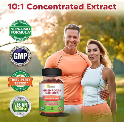aSquared Nutrition Mushroom Gummies - 10x Complex Supplement - Lions Mane, Turkey Tail, Reishi, Cordyceps, Chaga - Energy, Focus, Immune Support for Men & Women - Replace Powder, Capsules & Pills