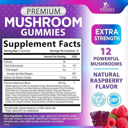 Mushroom Supplement Gummy - 12 in 1 Mushroom Complex with Lions Mane, Reishi, Cordyceps, Chaga & Turkey Tail, Immune Support & Nootropic Supplements for Memory, Brain, Energy & Focus - 60 Gummies