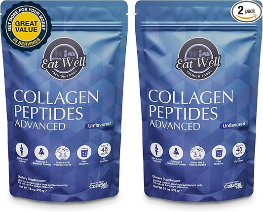 EAT WELL PREMIUM FOODS Collagen Peptides Powder Protein 45 Servings, 16oz, Collagen for Skin, Bone and Joint Support, Type I & III Grass Fed Collagen (45 Servings (Pack of 2), Unflavored)