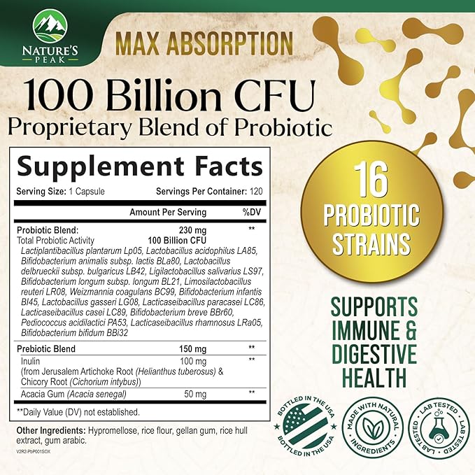Probiotics for Women's Digestive Health - 100 Billion CFU, 16 Strains with Prebiotics, Supports Immune, Gut Health, PH, Gas & Bloating, Best Probiotic for Women & Men, Shelf Stable - 120 Capsules