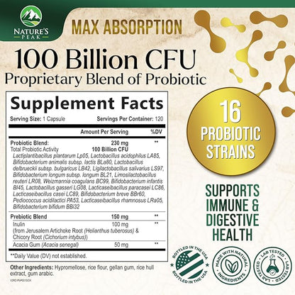 Probiotics for Women's Digestive Health - 100 Billion CFU, 16 Strains with Prebiotics, Supports Immune, Gut Health, PH, Gas & Bloating, Best Probiotic for Women & Men, Shelf Stable - 120 Capsules